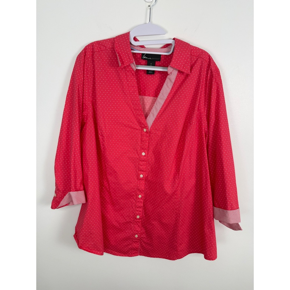 Lane Bryant Red Polka Dot Button Front Shirt 3/4 Sleeve Plus Size 26 Workwear